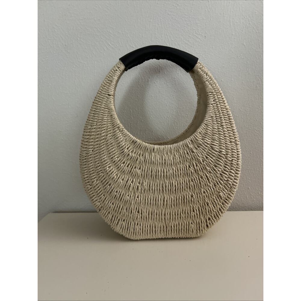 A NEW DAY COASTAL BEACH WICKER MOON HANDBAG, BEIGE/NEUTRAL W/ BLK HANDLE